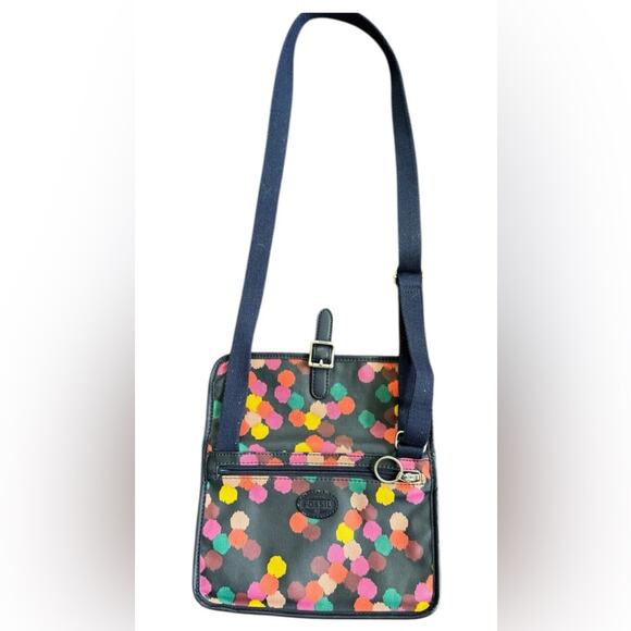 Fossil Keyper Mini Crossbody Navy Multicolored Polka Dot Coated Canvas Bag - Picture 4 of 12